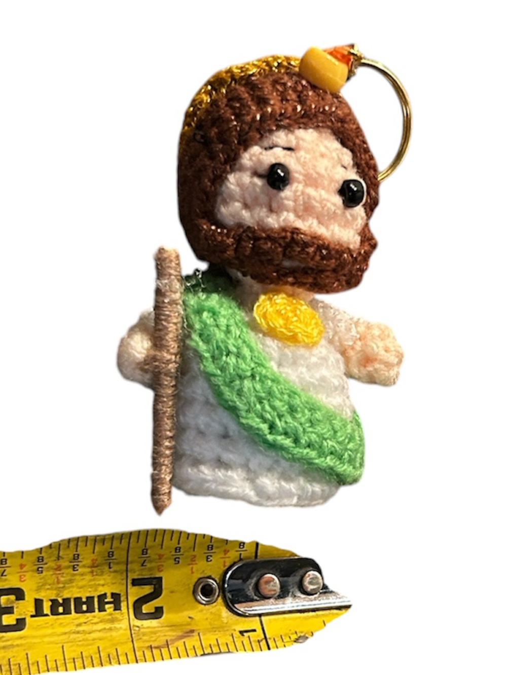 Handmade Crochet San judas  Keychain - Green and White Plush Charm